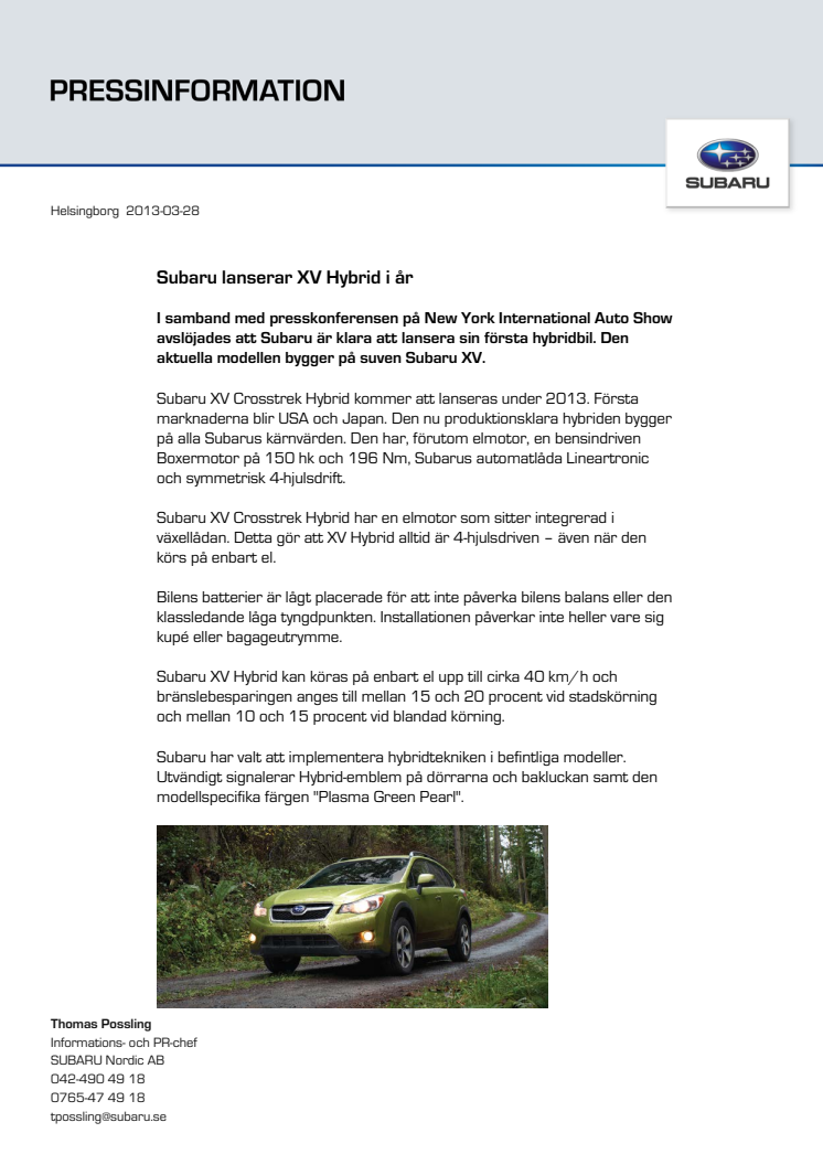 Subaru lanserar XV Hybrid i år