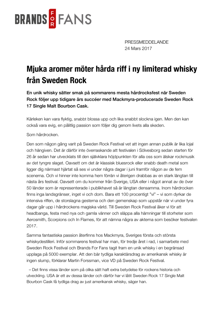 ​Mjuka aromer möter hårda riff i ny limiterad whisky från Sweden Rock