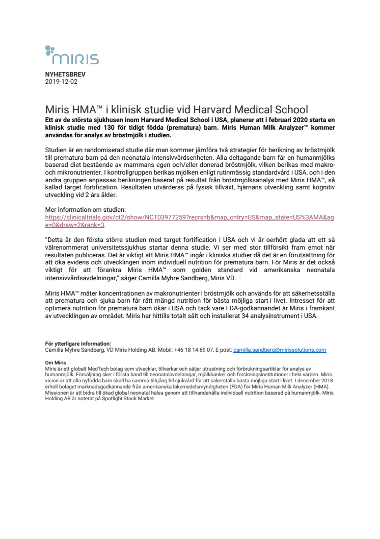 Miris HMA™ i klinisk studie vid Harvard Medical School 