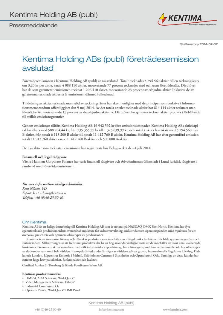 Kentima Holding ABs (publ) företrädesemission avslutad