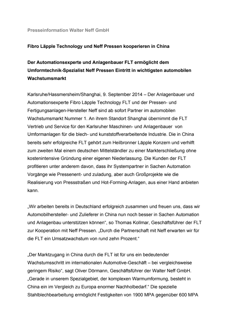 Fibro Läpple Technology und Neff Pressen kooperieren in China