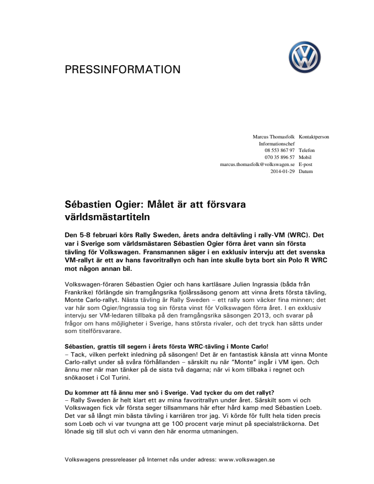 Sébastien Ogier: Målet är att försvara världsmästartiteln