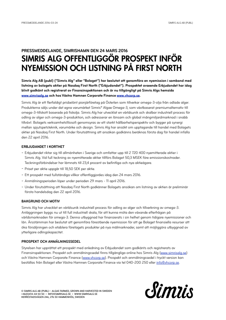 Simris Alg offentliggör prospekt inför nyemission och listning på First North
