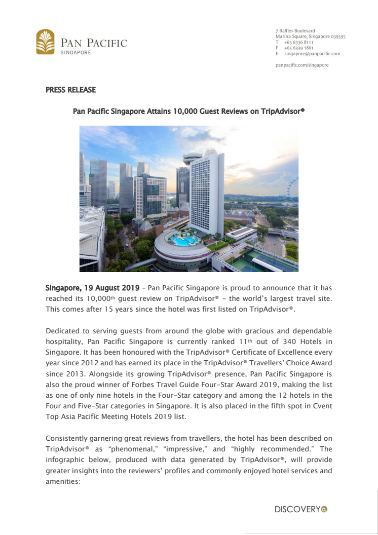 Pan Pacific Singapore Attains 10,000 Guest Reviews on TripAdvisor®