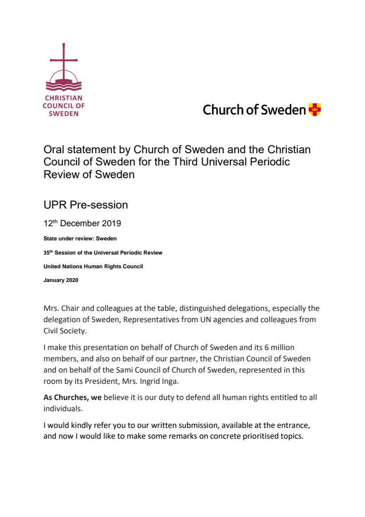 Oral statement by Church of Sweden and the Christian Council of Sweden for the Third Universal Periodic Review of Sweden