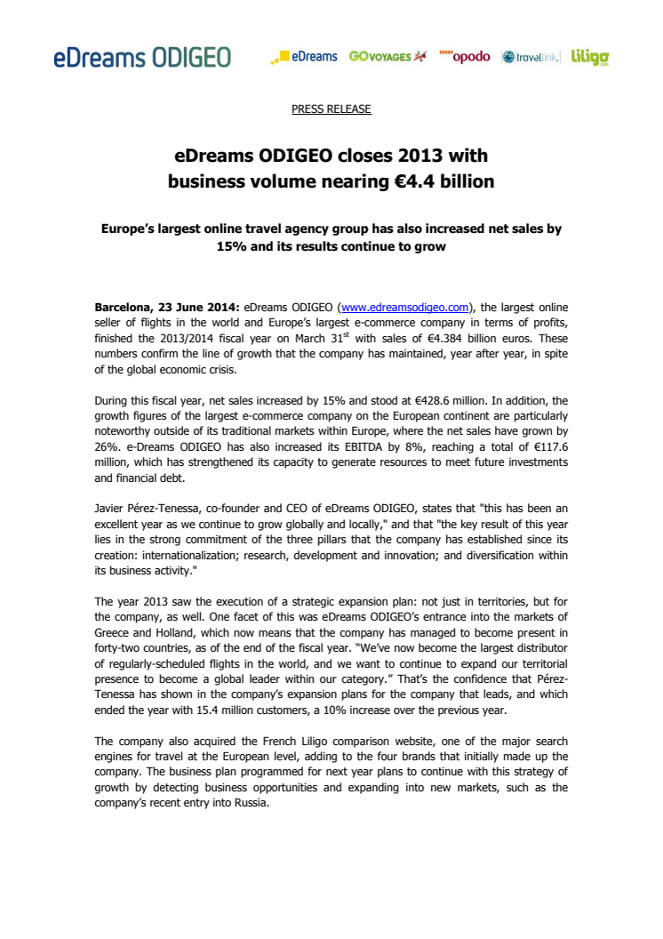 eDreams ODIGEO closes 2013 with business volume nearing €4.4 billion