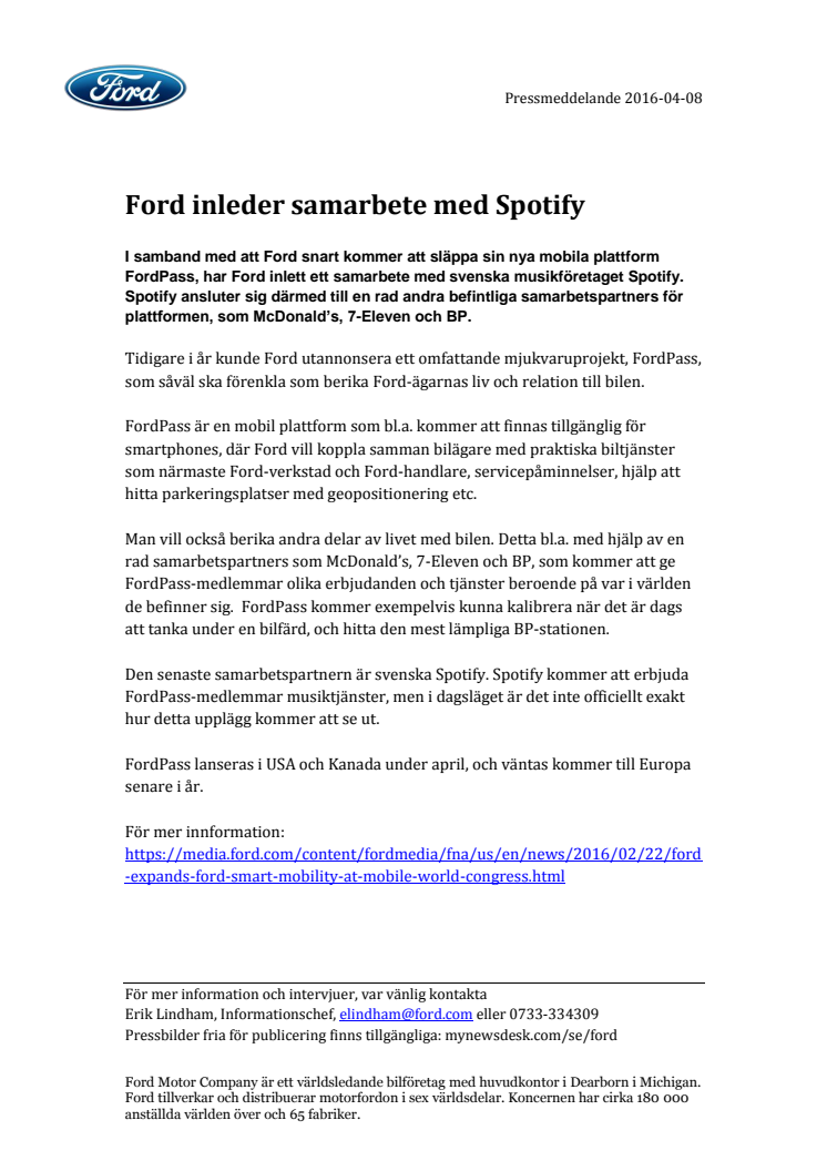 Ford inleder samarbete med Spotify
