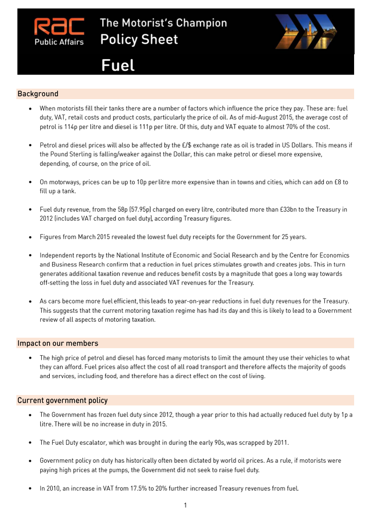 RAC public policy sheet - Fuel 