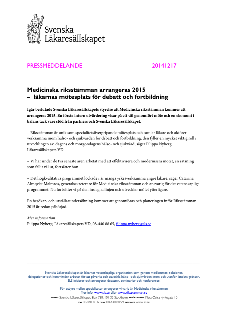 Medicinska riksstämman arrangeras 2015 – läkarnas mötesplats för debatt och fortbildning