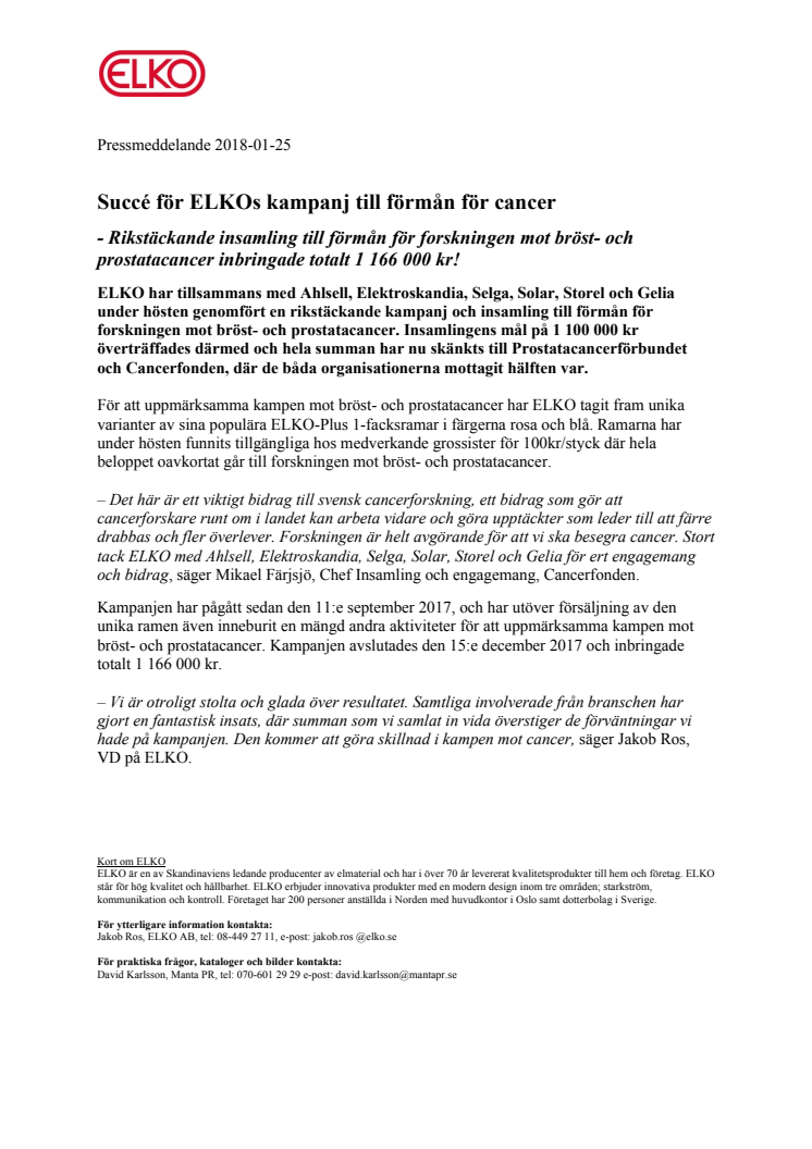 Succé för ELKOs kampanj till förmån för cancerforskningen
