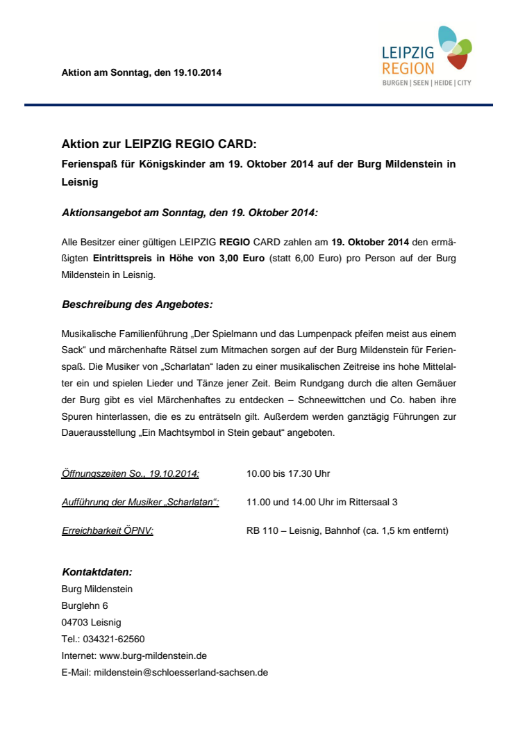 Aktionsangebot Burg Mildenstein 19. Oktober 2014