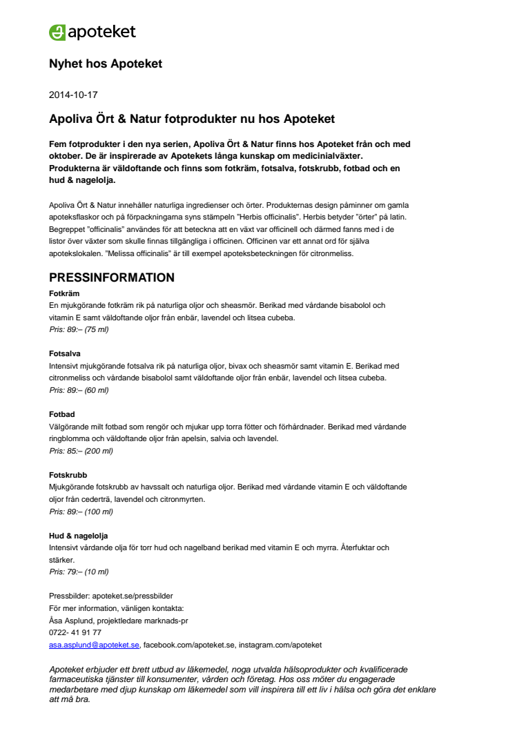 Apoliva Ört & Natur fotprodukter nu hos Apoteket