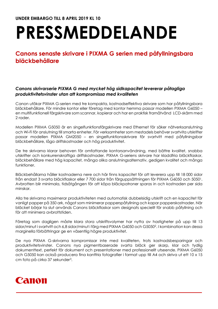 Canons senaste skrivare i PIXMA G serien med påfyllningsbara bläckbehållare 