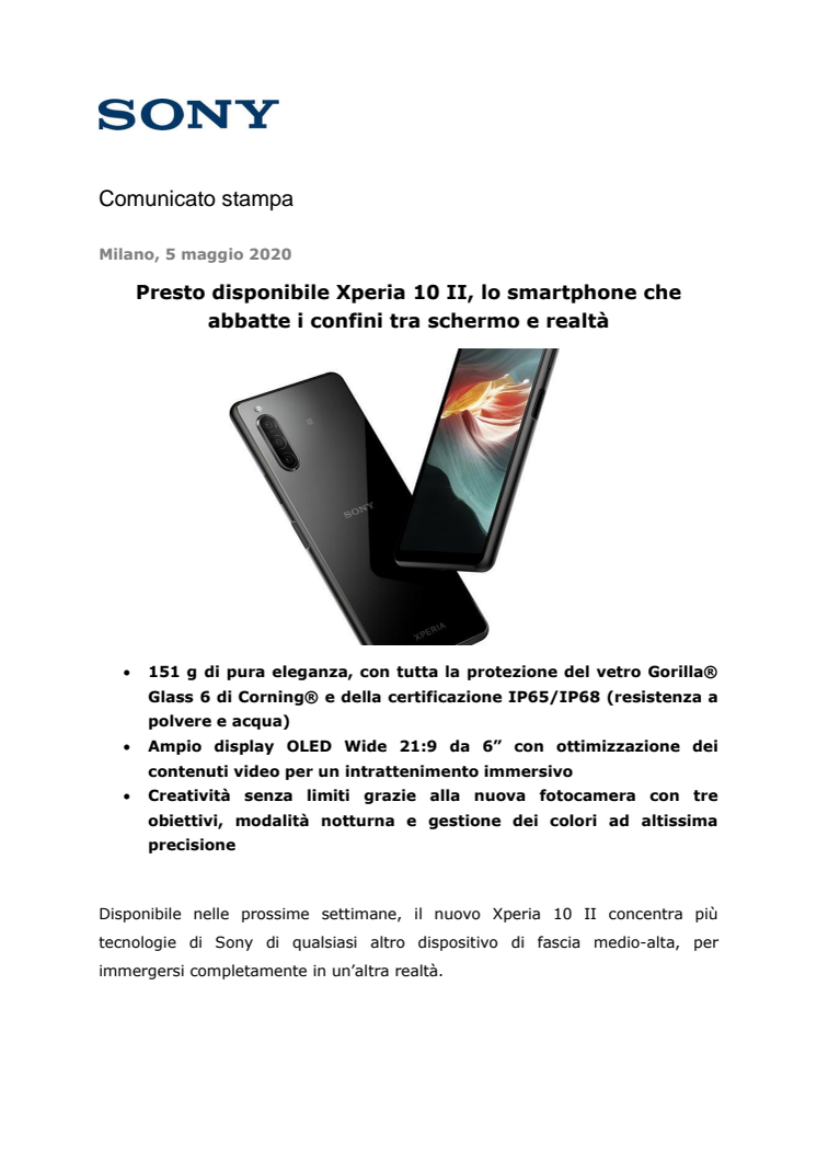 Presto disponibile Xperia 10 II, lo smartphone che abbatte i confini tra schermo e realtà