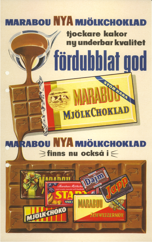 Reklambild för Marabous nya mjölkchoklad, 1957