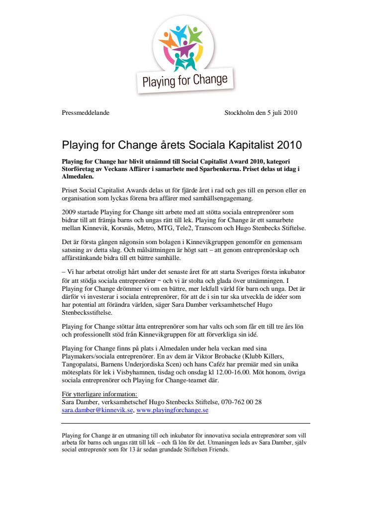 Playing for Change årets Sociala Kapitalist 2010