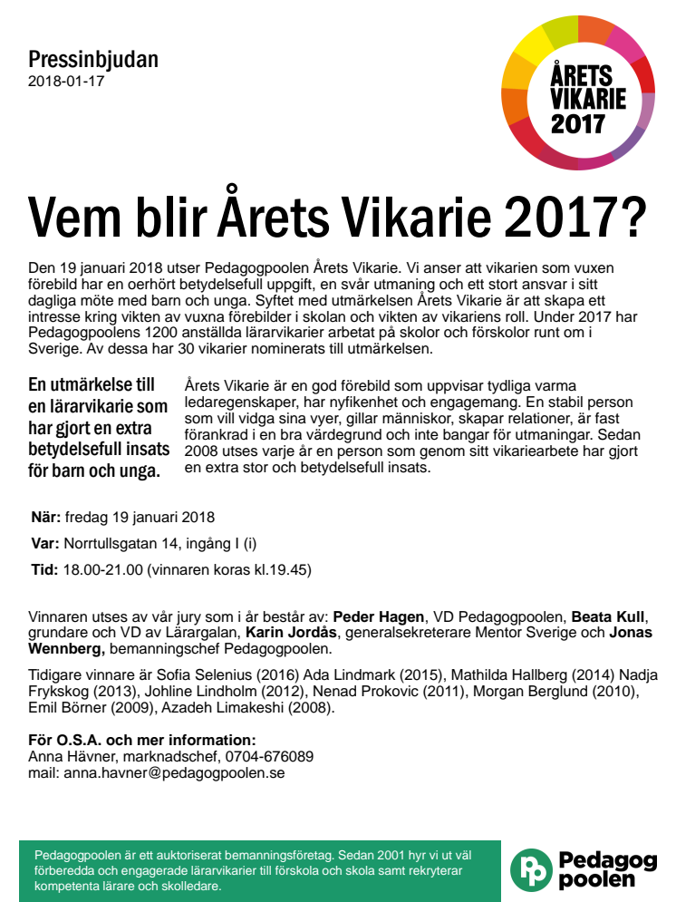 Pressinbjudan - Årets Vikarie 2017
