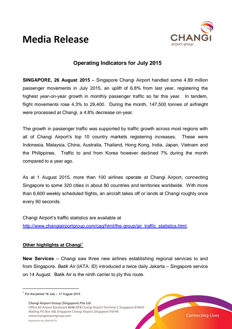 Operating Indicators for July 2015