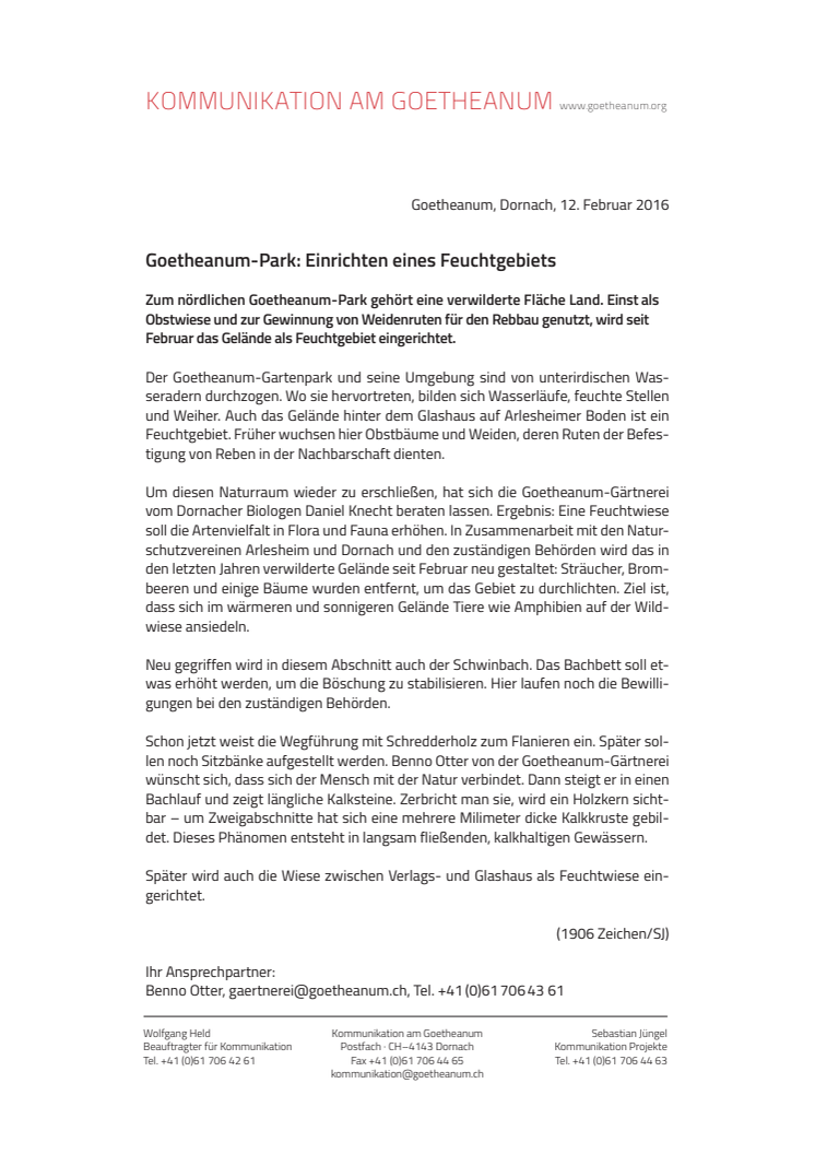 Goetheanum-Park: Einrichten eines Feuchtgebiets