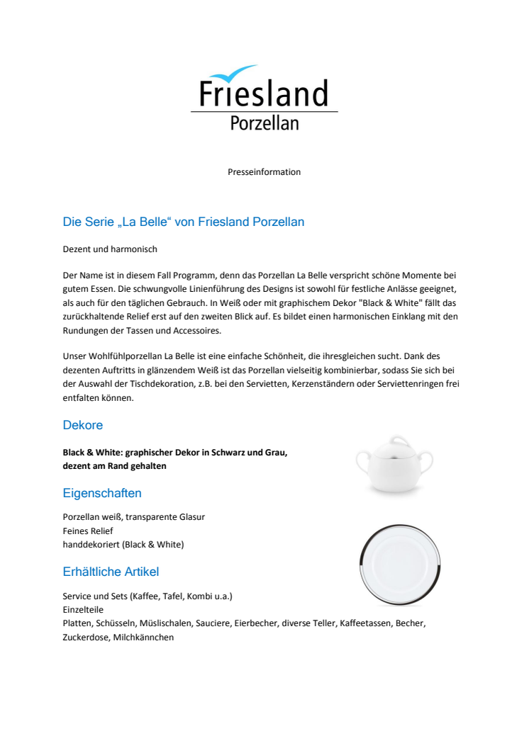 Presseinformation: Die Serie „La Belle“ von Friesland Porzellan - Dezent und harmonisch