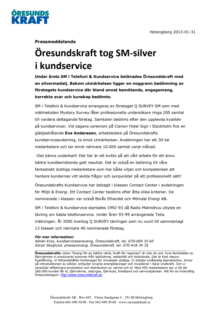 Öresundskraft tog SM-silver i kundservice