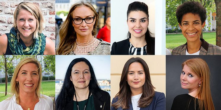 SSWS talare i oktober. Övre raden f v: Carolina Jonnor, Tuva Palm, Leila Karchaoui och Diana Paz. Nedre raden f v: Jeanette Lilja, Helena Lönegård, Apollonia San Contreras och Christina Persson.