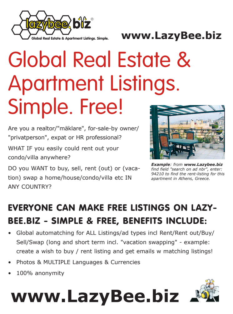 (Dagens Industri idag) Nylansering: www.LazyBee.biz - Global Real Estate & Apartment Listings. Simple. Free!