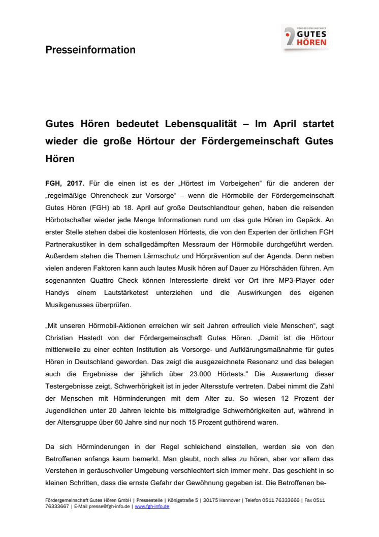 Gutes Hören bedeutet Lebensqualität – Im April startet wieder die große Hörtour der Fördergemeinschaft Gutes Hören