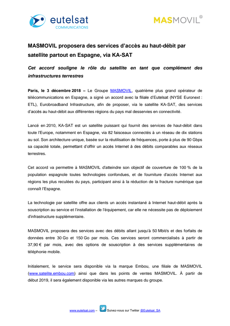 MASMOVIL proposera des services d’accès au haut-débit par satellite partout en Espagne, via KA-SAT