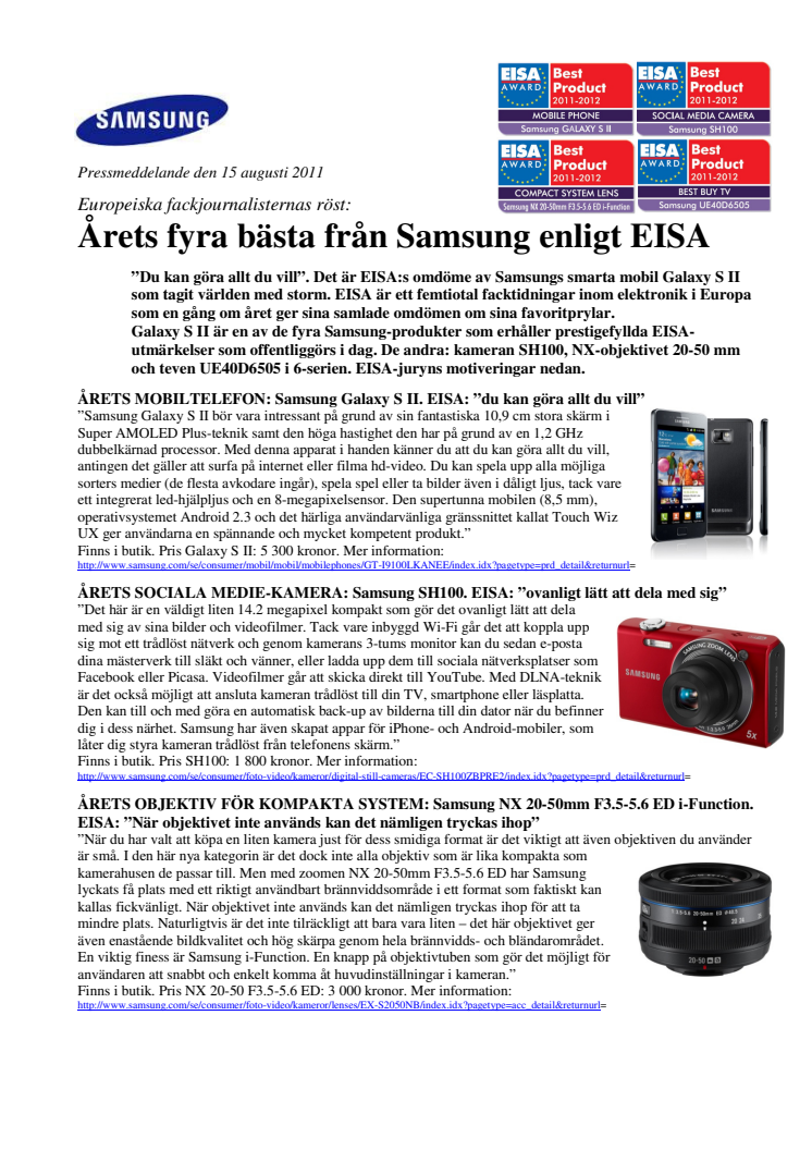 Årets fyra bästa från Samsung enligt EISA