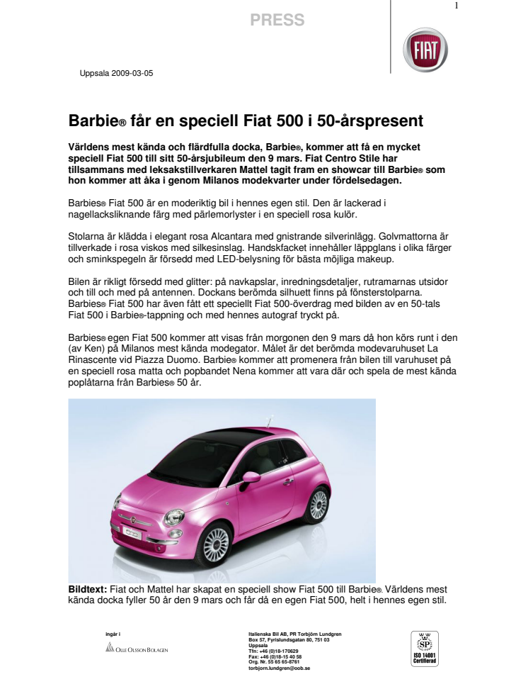 Barbie® får en speciell Fiat 500 i 50-årspresent