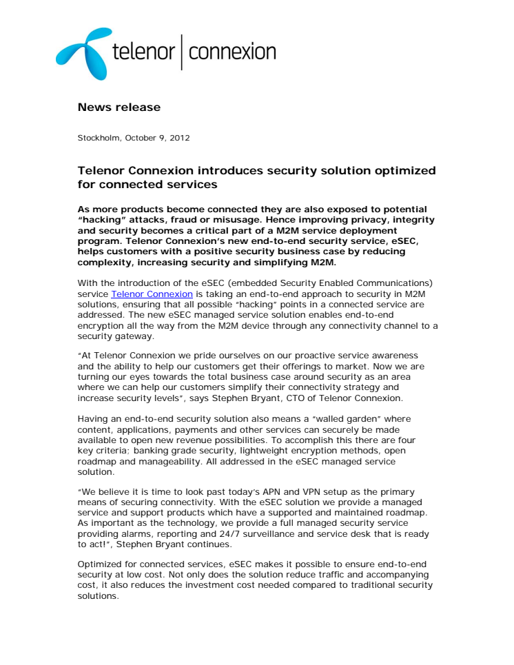 Telenor Connexion introduces security solution optimized for connected services