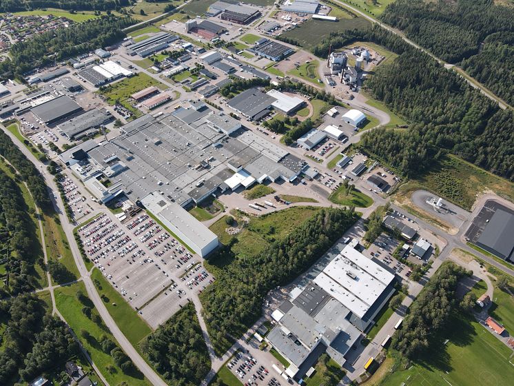 Flygfoto över fabriken i Mjölby