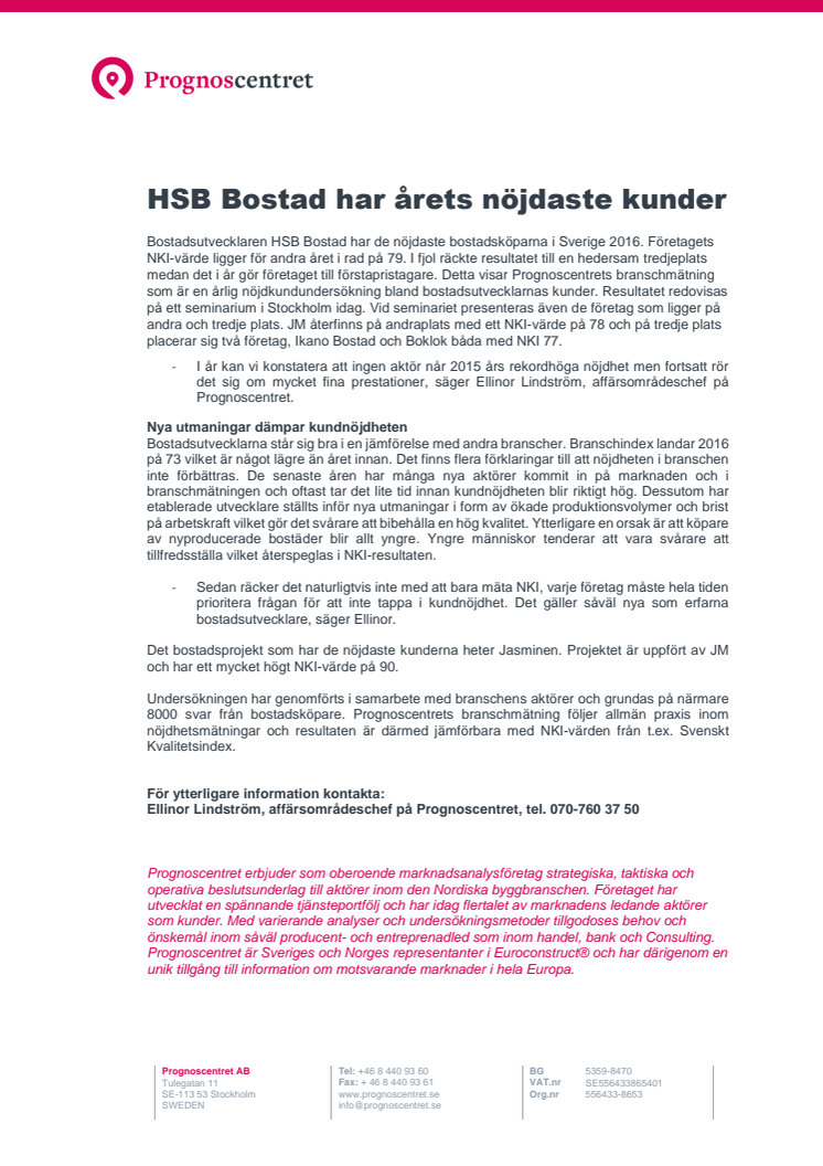 HSB Bostad har nöjdast kunder 2016