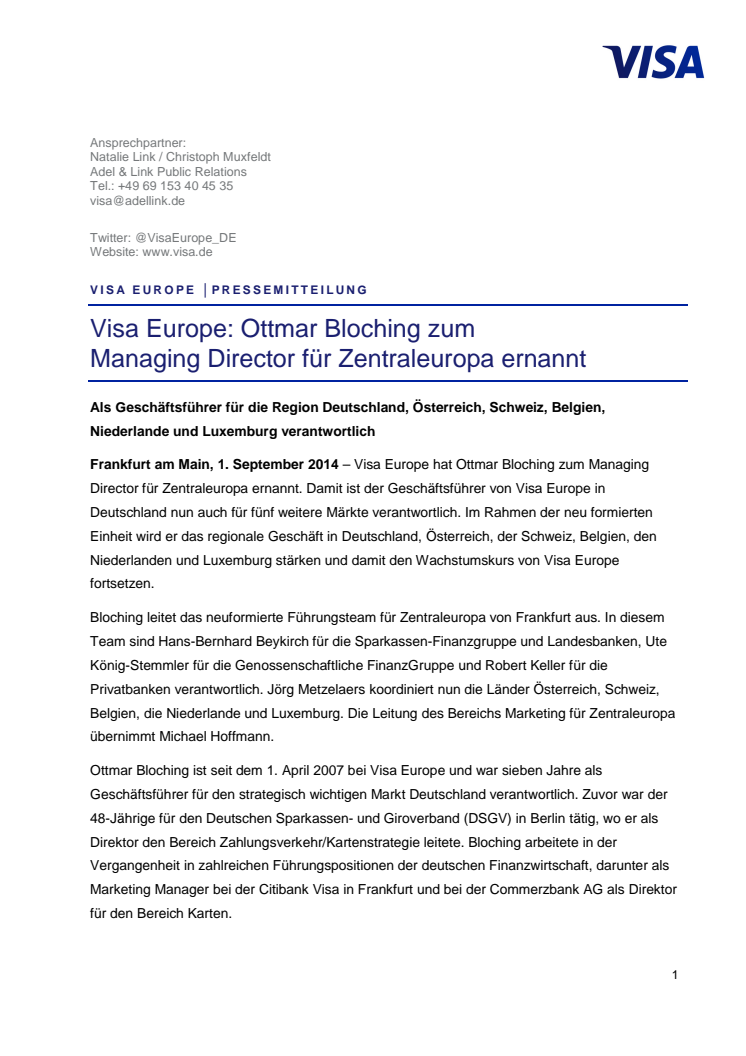 Visa Europe: Ottmar Bloching zum Managing Director für Zentraleuropa ernannt