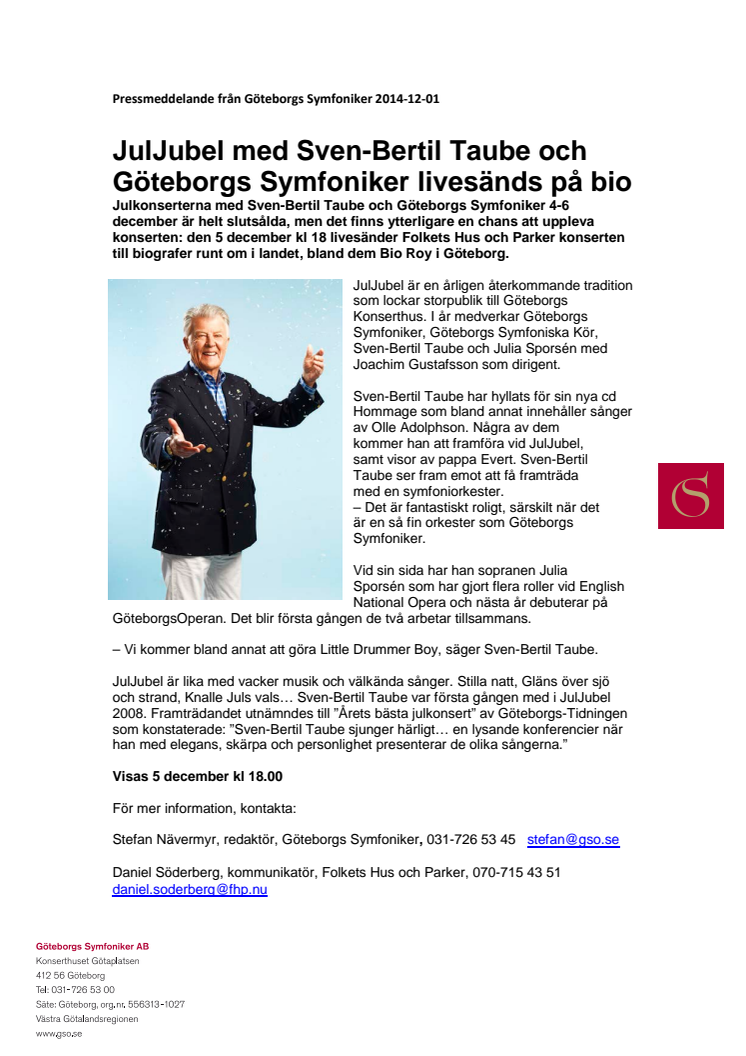 JulJubel med Sven-Bertil Taube och Göteborgs Symfoniker livesänds på bio