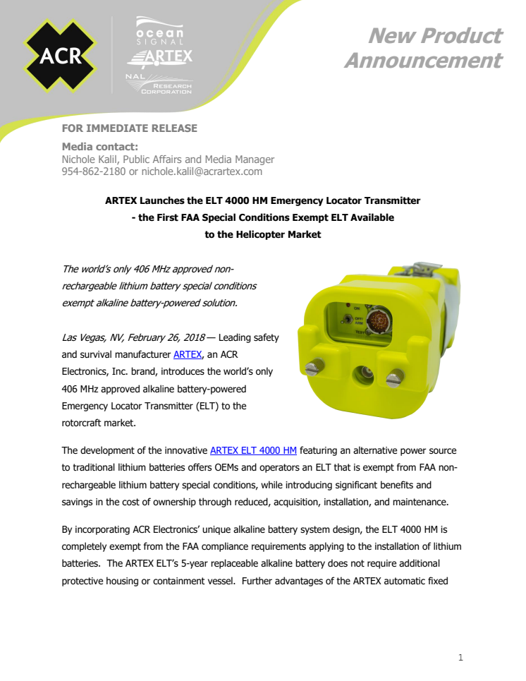 ARTEX Launches the ELT 4000 HM Emergency Locator Transmitter - the First FAA Special Conditions Exempt ELT Available  to the Helicopter Market