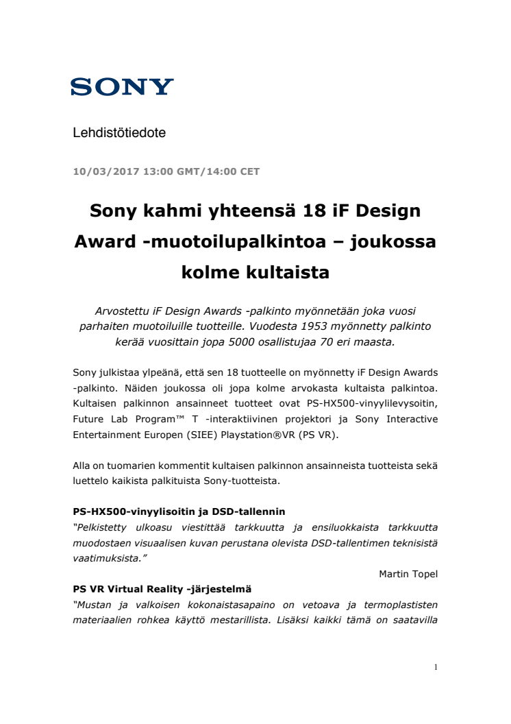 Sony kahmi yhteensä 18 iF Design Award -muotoilupalkintoa – joukossa kolme kultaista