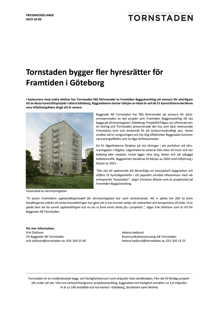 Tornstaden bygger fler hyresrätter för Framtiden i Göteborg