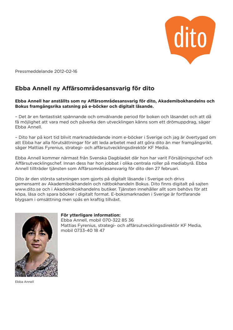 Ebba Annell ny Affärsområdesansvarig för dito