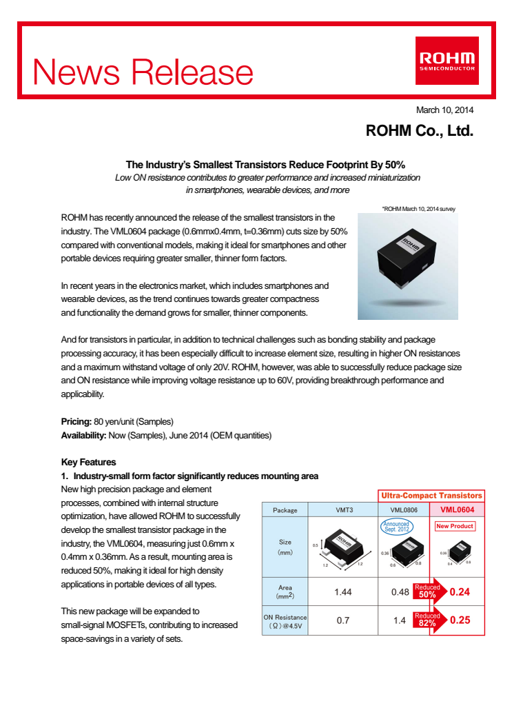 The Industry's Smallest Transistors Reduce Footprint By 50%: Low ON resistance contributes to greater performance and the increased miniaturization of smartphones, wearable devices, and more