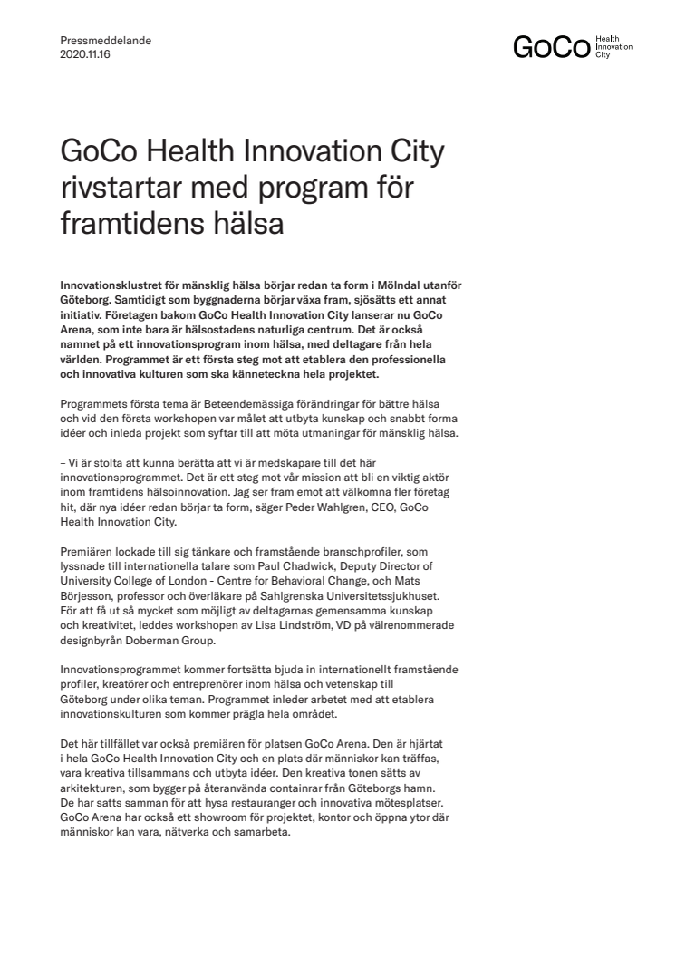 GoCo Health Innovation City rivstartar med program för framtidens hälsa