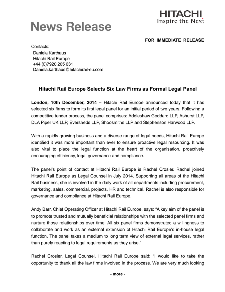 Hitachi Rail Europe Selects Six Law Firms as Formal Legal Panel