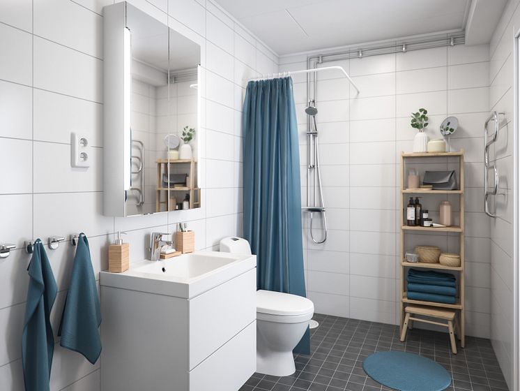 Illustration av interiör, badrum nedervåning, BoKlok småhus, 2020. 