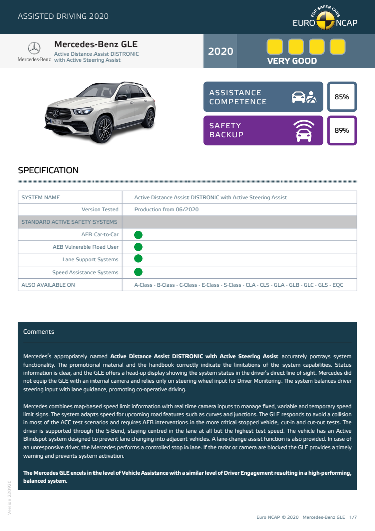 Mercedes-Benz GLE Euro NCAP Assisted Driving Grading datasheet