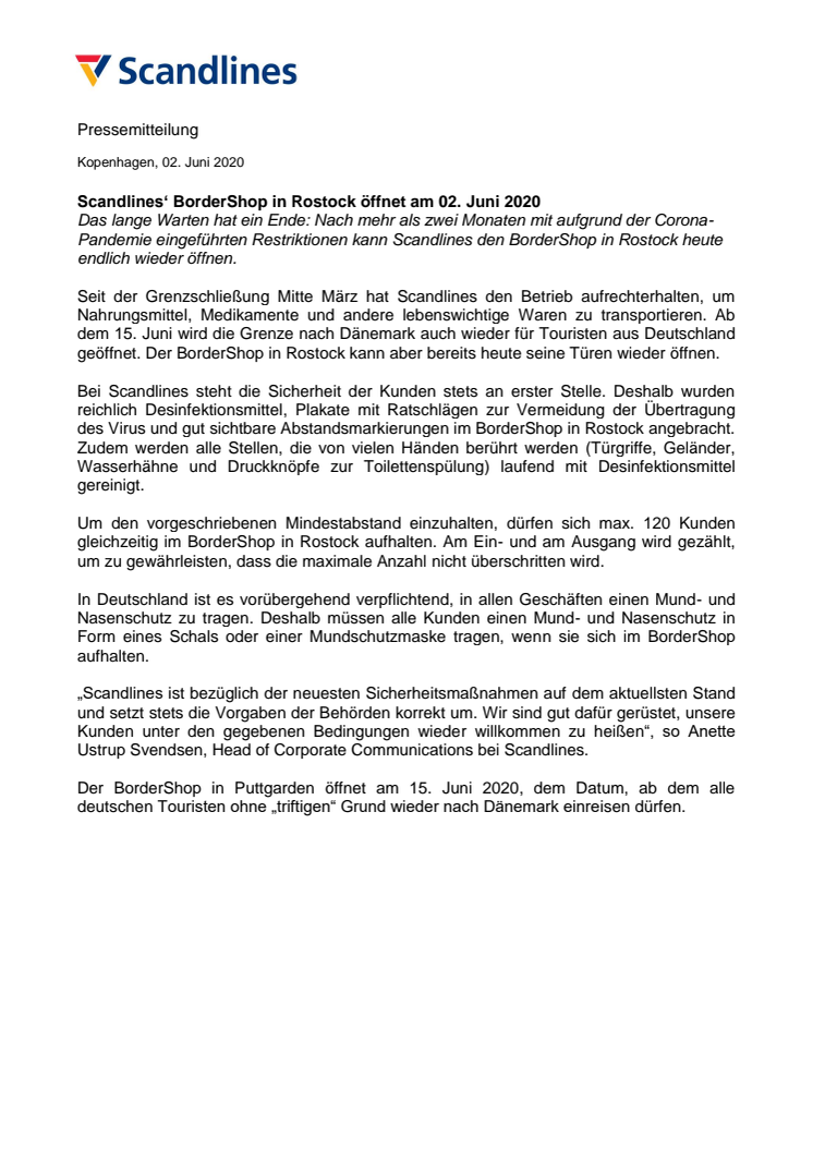 Scandlines‘ BorderShop in Rostock öffnet am 02. Juni 2020