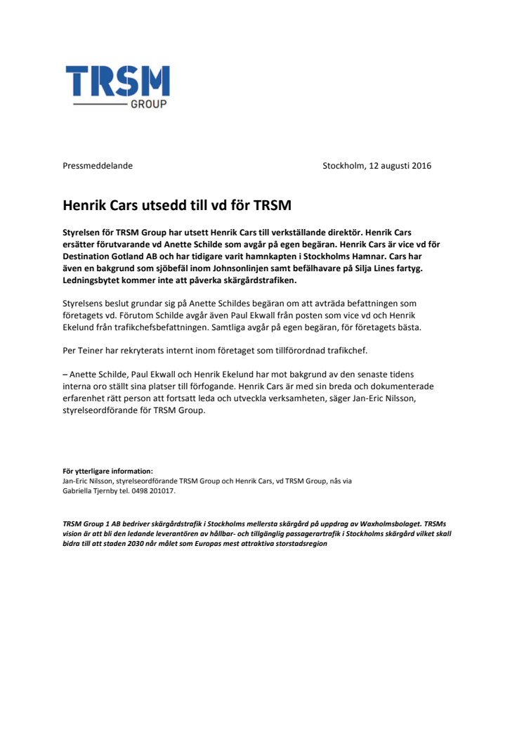 Henrik Cars utsedd till vd för TRSM