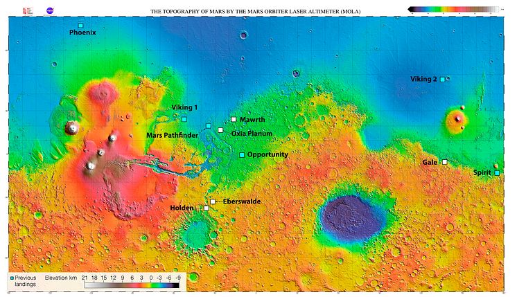 Landningsplatser på Mars Oxia Planum (18.3N, 335.3E) och Mawrth Vallis (22.6N, 16.5W).