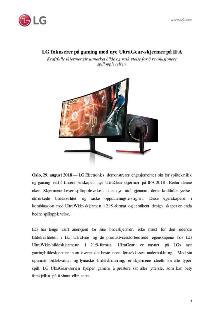 LG fokuserer på gaming med nye UltraGear-skjermer på IFA