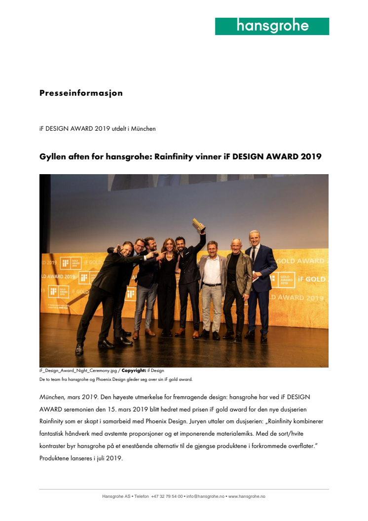 Gyllen aften for hansgrohe: Rainfinity vinner iF DESIGN AWARD 2019